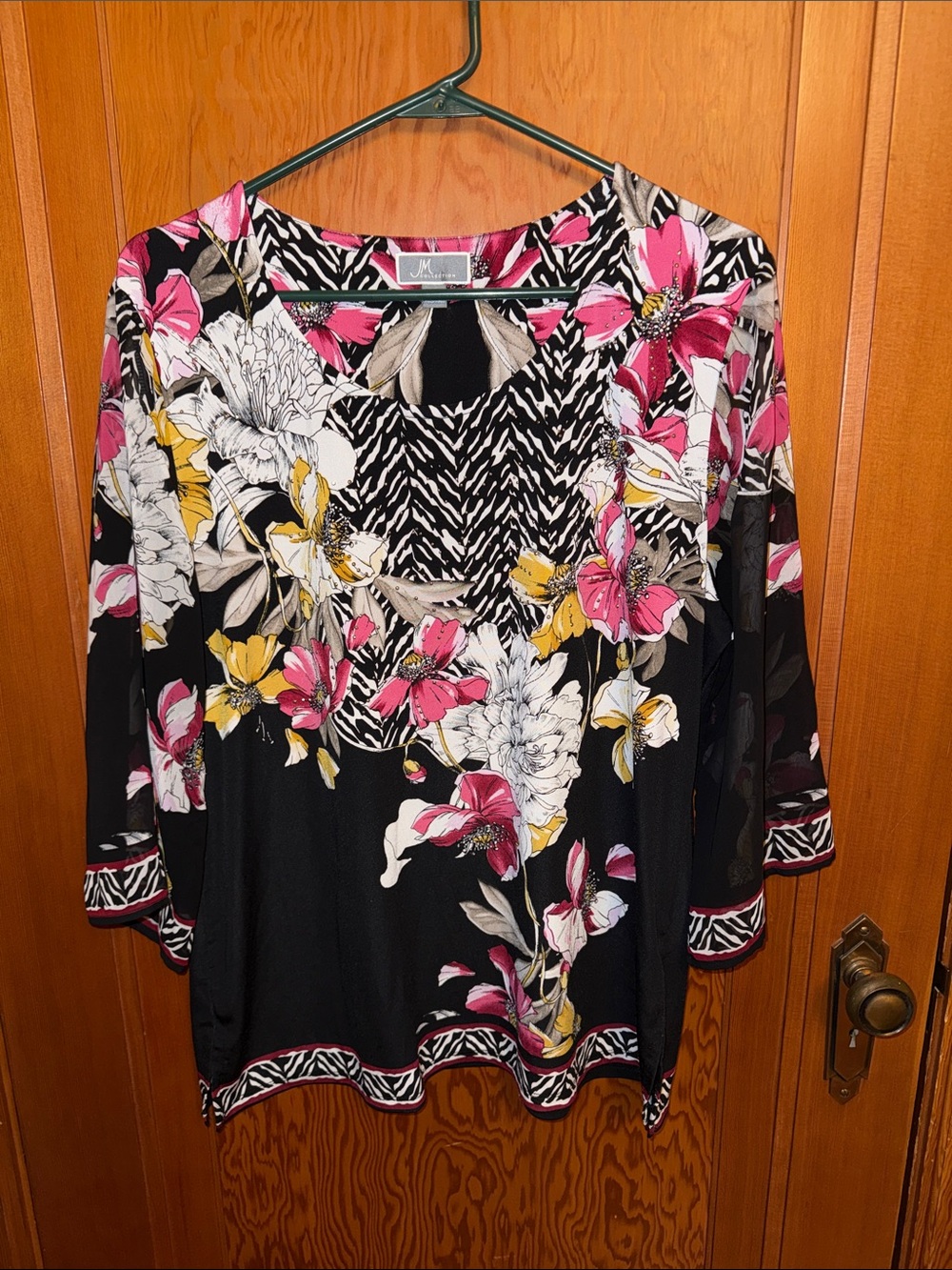 JM Collection Black Floral Scoop-Neck Tunic with Pink and Yellow Accents